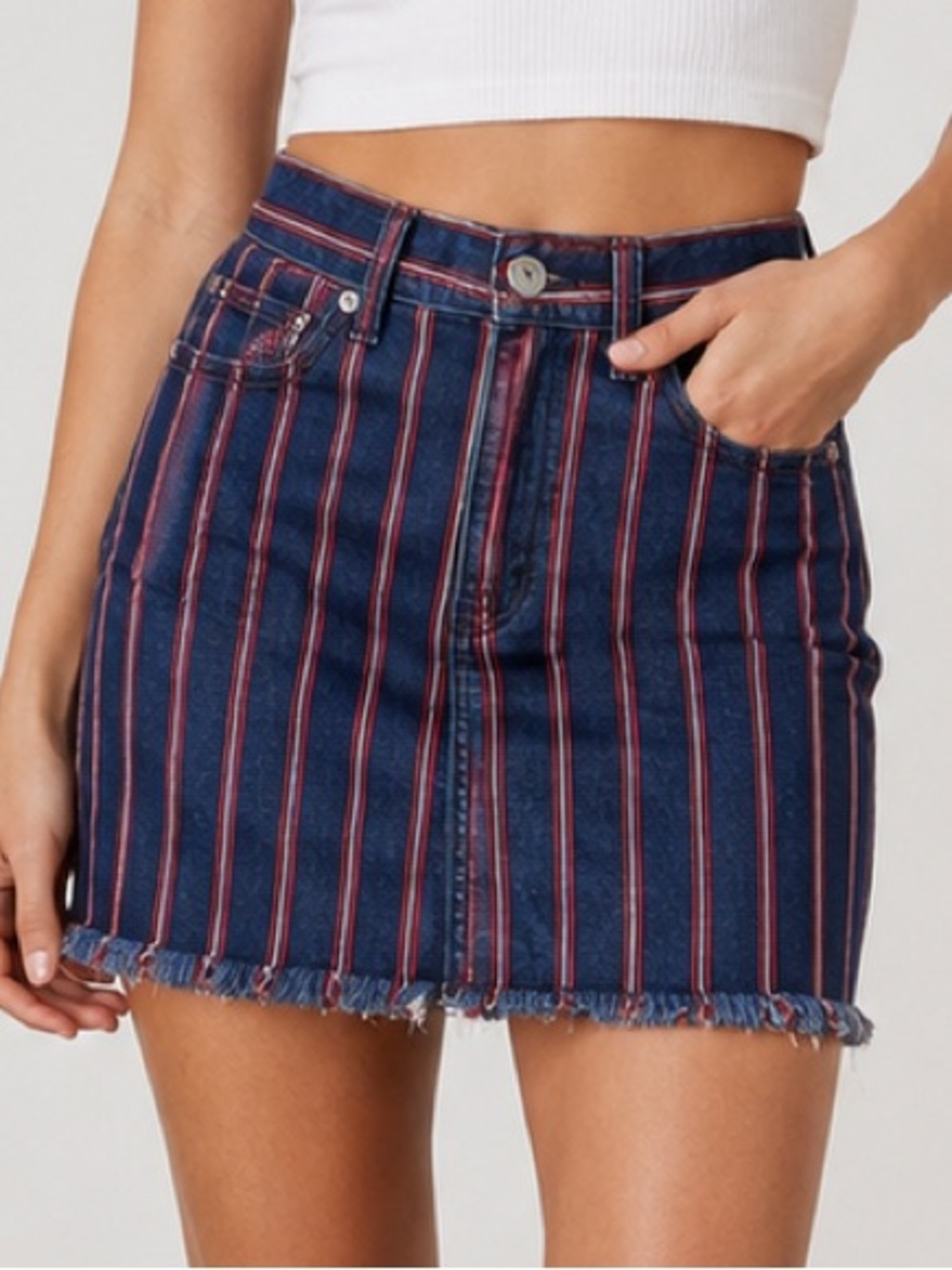 American Eagle Striped Denim Hi-Rise Mini Skirt Navy Red White Stripes Size 6